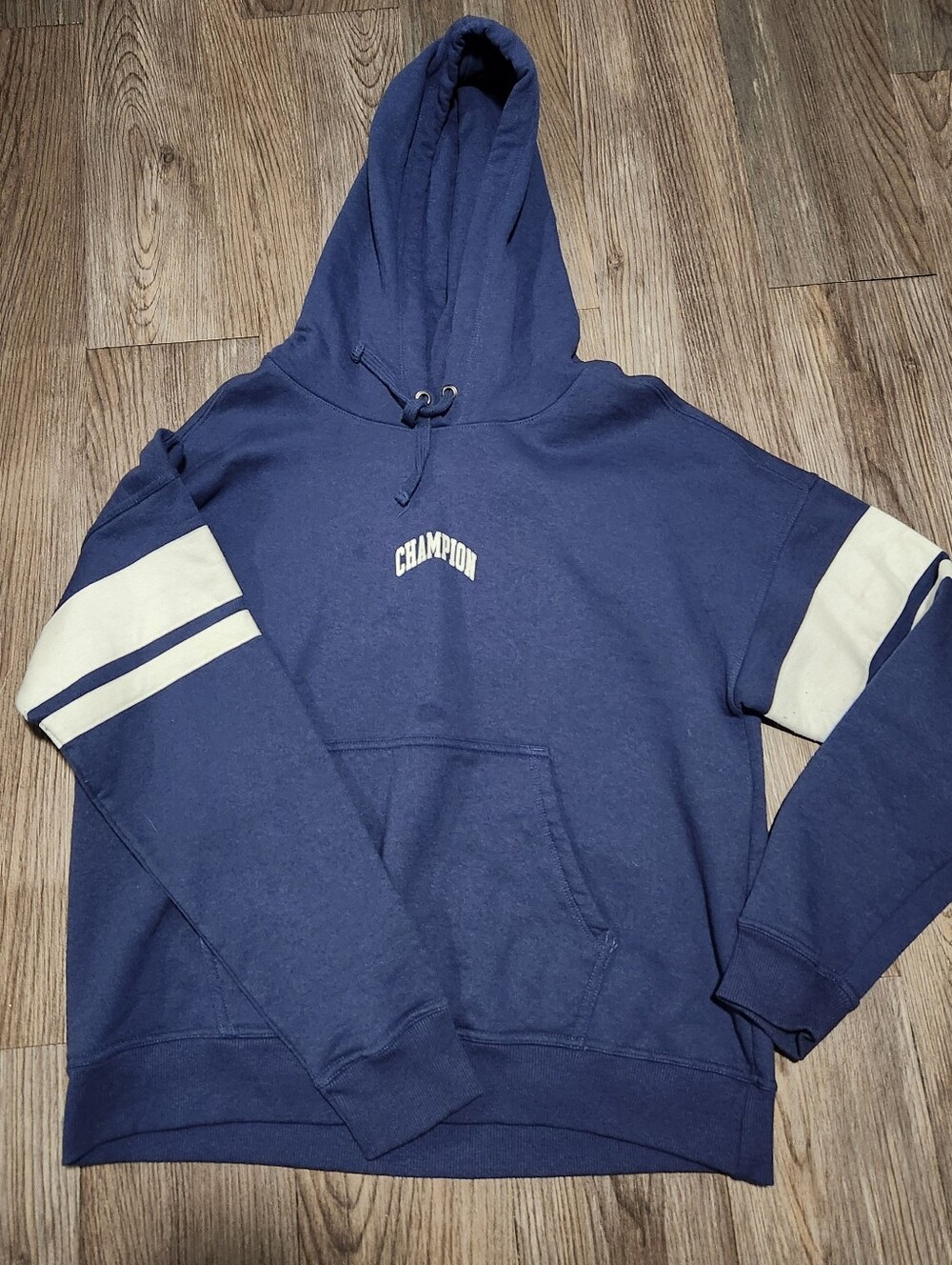 Champion Navy Pullover Hoodie with Cream Sleeve Stripes